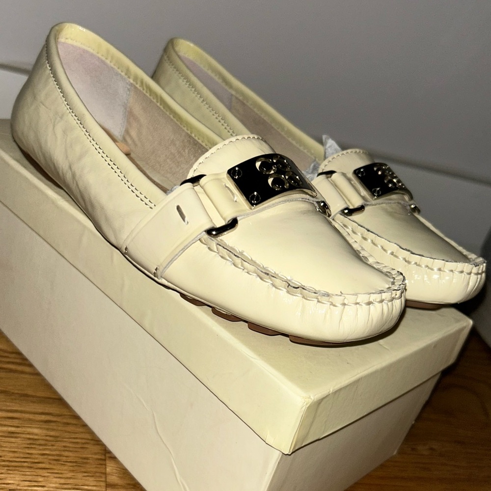 Coach Cream Moccasins with Silver Horsebit Detail